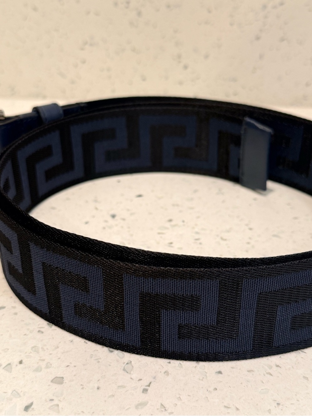 Authentic Versace Dark Blue 'La Greca' Jacquard D-Ring Belt View 3